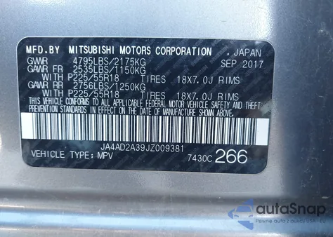 2018 Mitsubishi Outlander Es z USA, uszkodzony, nr VIN JA4AD2A39JZ009381